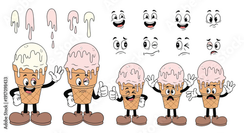 Set of 5 ice cream cone characters vector
