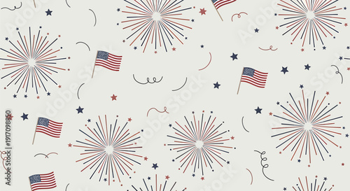 Patriotic seamless pattern with American flags, fireworks and stars on white background