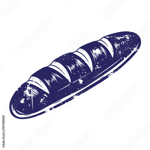 Grunge texture Dark blue illustration of a crusty baguette with white accents on clean white background Vintage Style