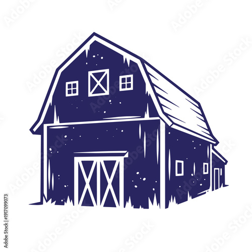 Grunge texture A blue illustration of a large rural barn with snow on the roof and grass in front  countryside farm building Vintage Style