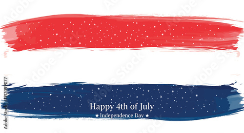 Independence Day greeting banner with red and blue brush strokes, Happy 4th of July text, isolated on white background.
