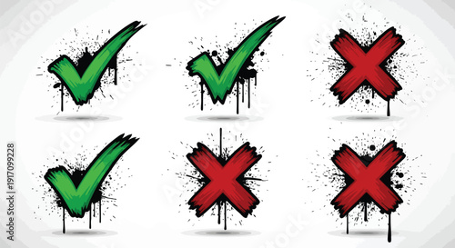 Grungy checkmark and cross icon set. Includes approved, confirmed, yes, no, correct, and incorrect symbols. Created in grunge style with black, green, and red palette.