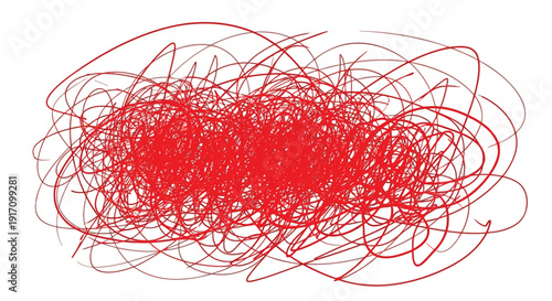 Abstract tangled red lines illustration, expressive sketch backdrop Messy red doodle pattern with random scribbled lines Vector style 