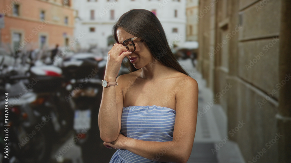 Fototapeta premium Woman wearing glasses pinches bridge of nose with hand, bare shoulders exposed on a narrow street with parked scooters and stone buildings; disgust.