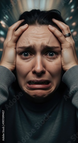 Experiencing intense anxiety, fear, and panic attack, hands clutching head in distress, overwhelming emotional turmoil, psychological crisis and mental health struggle
