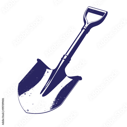 Grunge texture Blue silhouette of a shovel with handle on white background for gardening or construction work Vintage Style