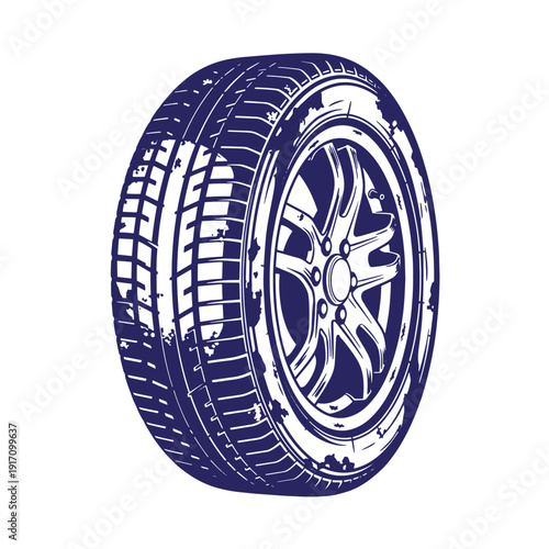 Grunge texture car tire with rim and tread pattern on white background  automotive wheel Vintage Style