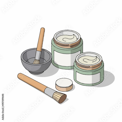 Cosmetic products and beauty tools for skincare routine.