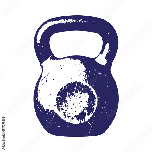 Grunge texture dark blue kettlebell with white scratches and marks on white background  fitness weight equipment Vintage Style