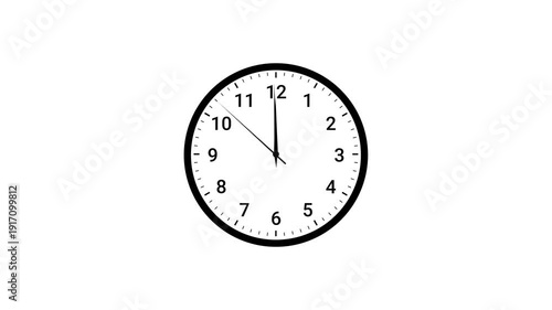 Analog clock countdown flat animation from 11:59 to 12:00 with ticking second hand on white background and green screen. 4K animated clock for deadline timer, limited time promo, and new year.