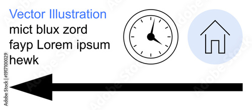 Time management, navigation, planning, home organization, workflow strategies, directional cues. Black arrow, clock icon and house symbol on a clean layout. Time management and navigation concept