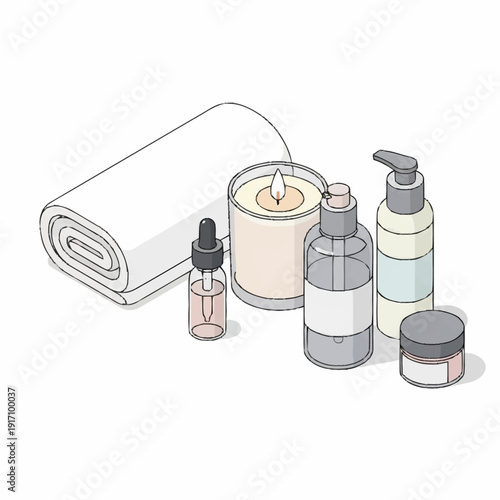 Spa and wellness products including towels, candles, and skincare items.