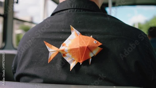 Poisson origami rouge posé délicatement sur la peau du ventre