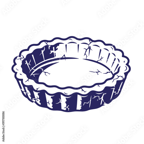 Grunge texture navy blue illustration of a cracked ceramic pie dish with wavy edges on white background Vintage Style