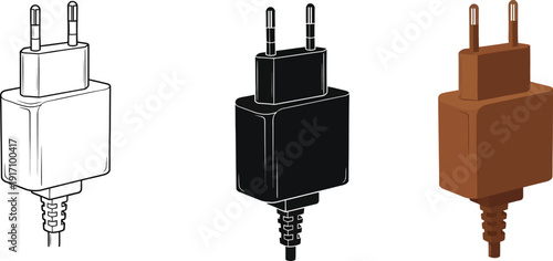 Collection of three variously styled plug adapters for electronic devices shown