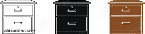 Simple two-drawer nightstand illustration in three different color variations