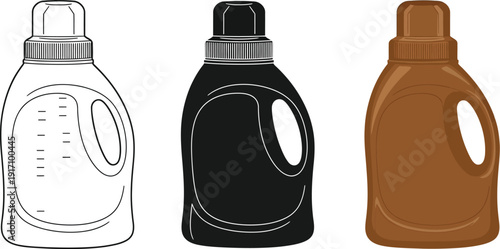 Set of three graphic illustrations of a laundry detergent bottle
