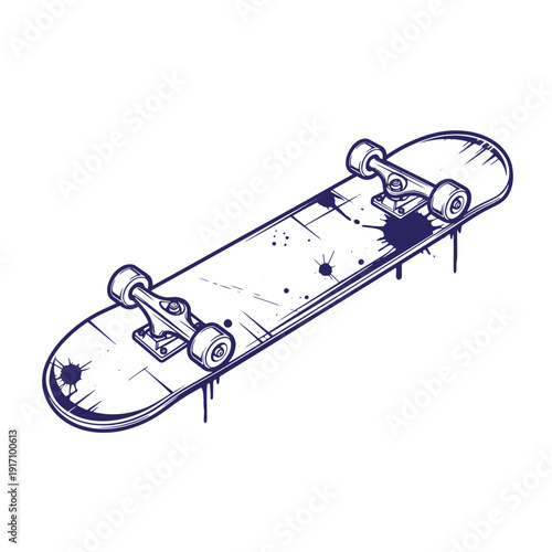 Grunge texture Grungy skateboard with paint splatters and drips on white background  skateboarding equipment Vintage Style