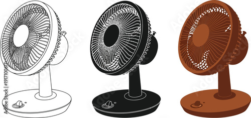 Compact electric desk fan in three different color variations displayed together
