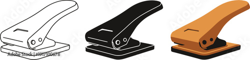 Three manual staplers depicted in various designs and colored presentations