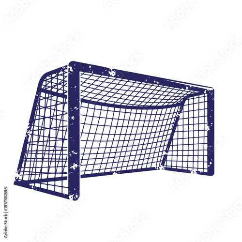 Grunge texture Grungy soccer goal net with worn mesh panels and frame in dark blue color on white background  sports equipment Vintage Style
