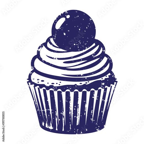 Grunge texture Vintagestyle illustration of a cupcake with swirled frosting and a round topping on a white background Vintage Style