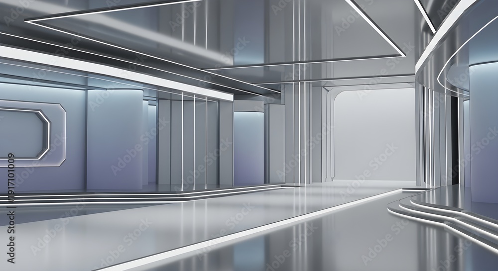 Obraz premium Futuristic white and silver metallic corridor with glowing light strips and reflective surfaces, rendered in 3D with a clean, minimalist aesthetic.