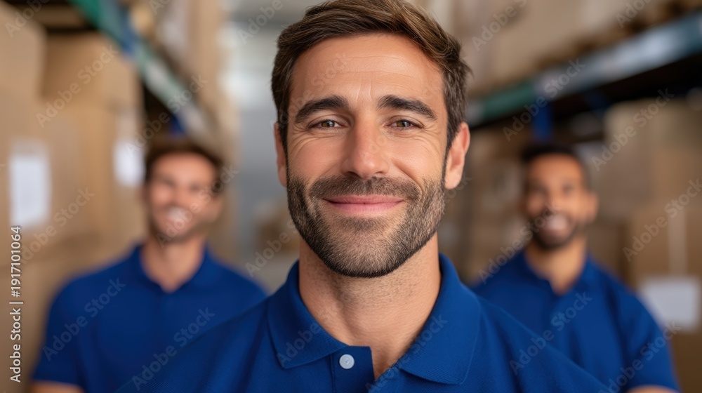 Fototapeta premium Corporate team, A confident man in a blue polo shirt stands smiling in a warehouse with two colleagues blurred in the background.