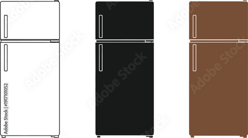 Three refrigerators in different colors outlined and colored in brown and black