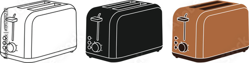 Modern toaster illustrated in three different color variations and styles