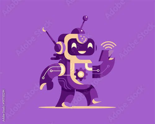 Robot Character Walking with Smartphone in Tech Environment - Digital Illustration
