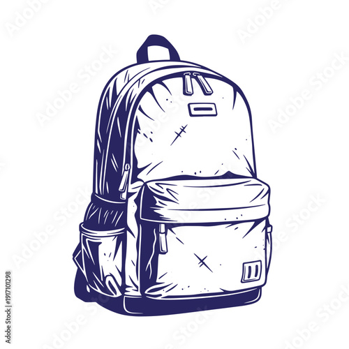 Grunge texture navy blue colored drawing of a backpack on white background Vintage Style