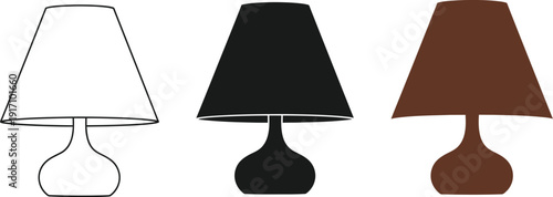 Simple table lamps in white outline, black, and brown designs displayed
