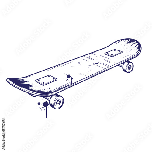 Grunge texture Skateboard with paint splatters on white surface for tricks and transportation Vintage Style