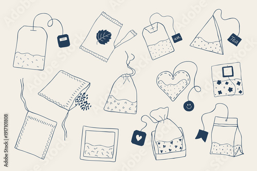 Whimsical hand drawn tea bag collection in monoline outline style. Herbal sachet, pyramid bag, loose leaf packet and tag. Mediterranean blue vector set with cozy Scandinavian aesthetic.