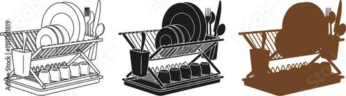 Clean dishes and kitchen utensils neatly arranged on a dish rack
