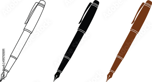 Set of three elegant fountain pens in different styles and colors