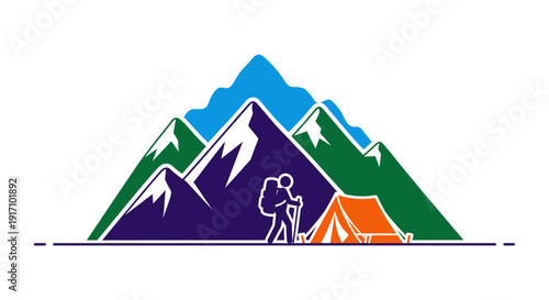 Camping Illustration with Mountains and Tent.