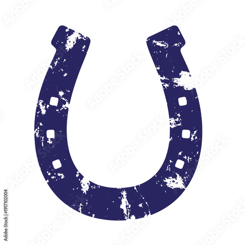 Grunge texture Vintage blue horseshoe with white scratches and marks on white background Vintage Style
