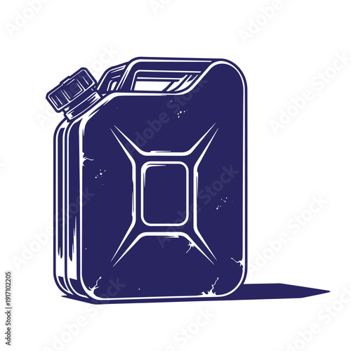Grunge texture Vintage style illustration of a blue metal jerrycan with handle and cap on white background Vintage Style