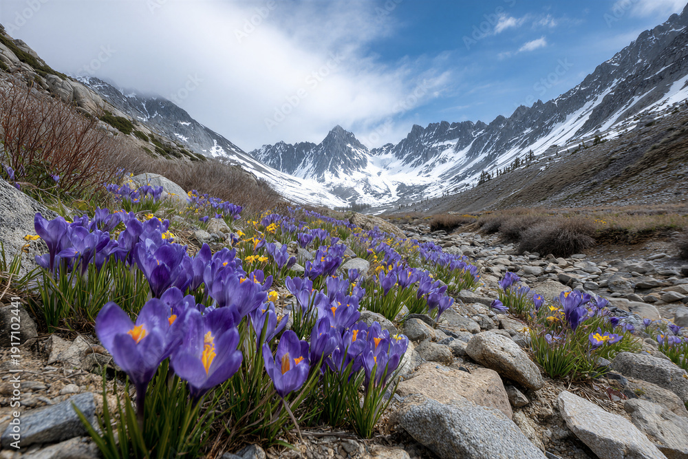 Fototapeta premium Purple wildflowers bloom in rocky mountain valley under blue sky