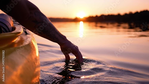 Man's tattooed hand gently touching the calm water surface from a kayak, creating ripples during a beautiful, serene sunset with the sun reflecting on the lake creating a tranquil scene