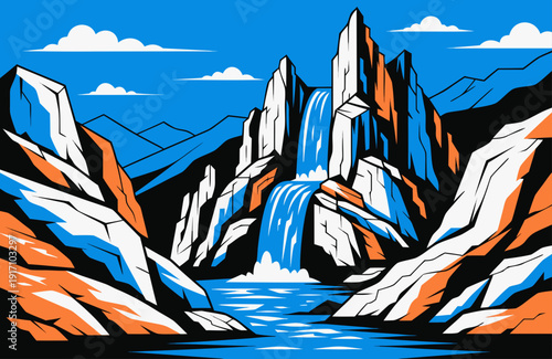 Stylized Vector Landscape Illustration of Waterfall Between Mountains with Blue Sky and Clouds for Travel and Adventure Themed Designs and Backgrounds