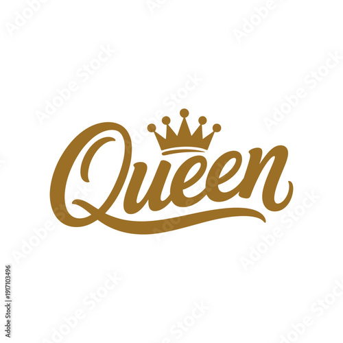 A golden logo with the word Queen and a crown on a white background