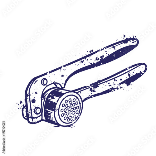 Grunge texture Gastronomic garlic press kitchen tool for crushing cloves  essential utensil for home cooking and food preparation Vintage Style