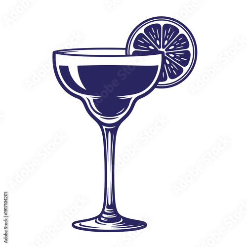 A cocktail glass with a lemon slice on the rim filled with dark liquid on white background