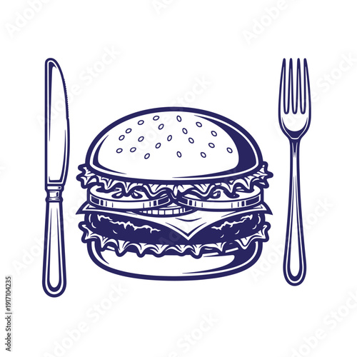 A blue illustration of a hamburger with a knife and fork on a white background