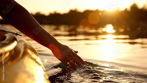 Woman's hand gliding through the lake water from a kayak, creating beautiful splashes and ripples against the warm, golden light of the setting sun, evoking a sense of calm and freedom