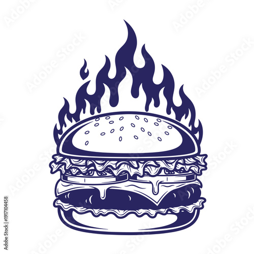A large hamburger with flames on top with sesame seed bun lettuce cheese and meat