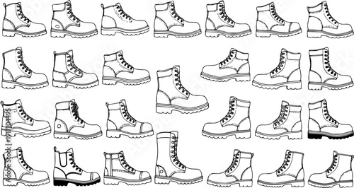 Collection of Detailed Black and White Boot Illustrations